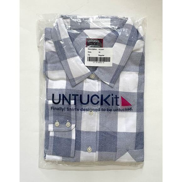 UNTUCKit Plaid Button Down Collared Blouse Shirt Navy Blue White Size 16 NEW - Picture 7 of 9